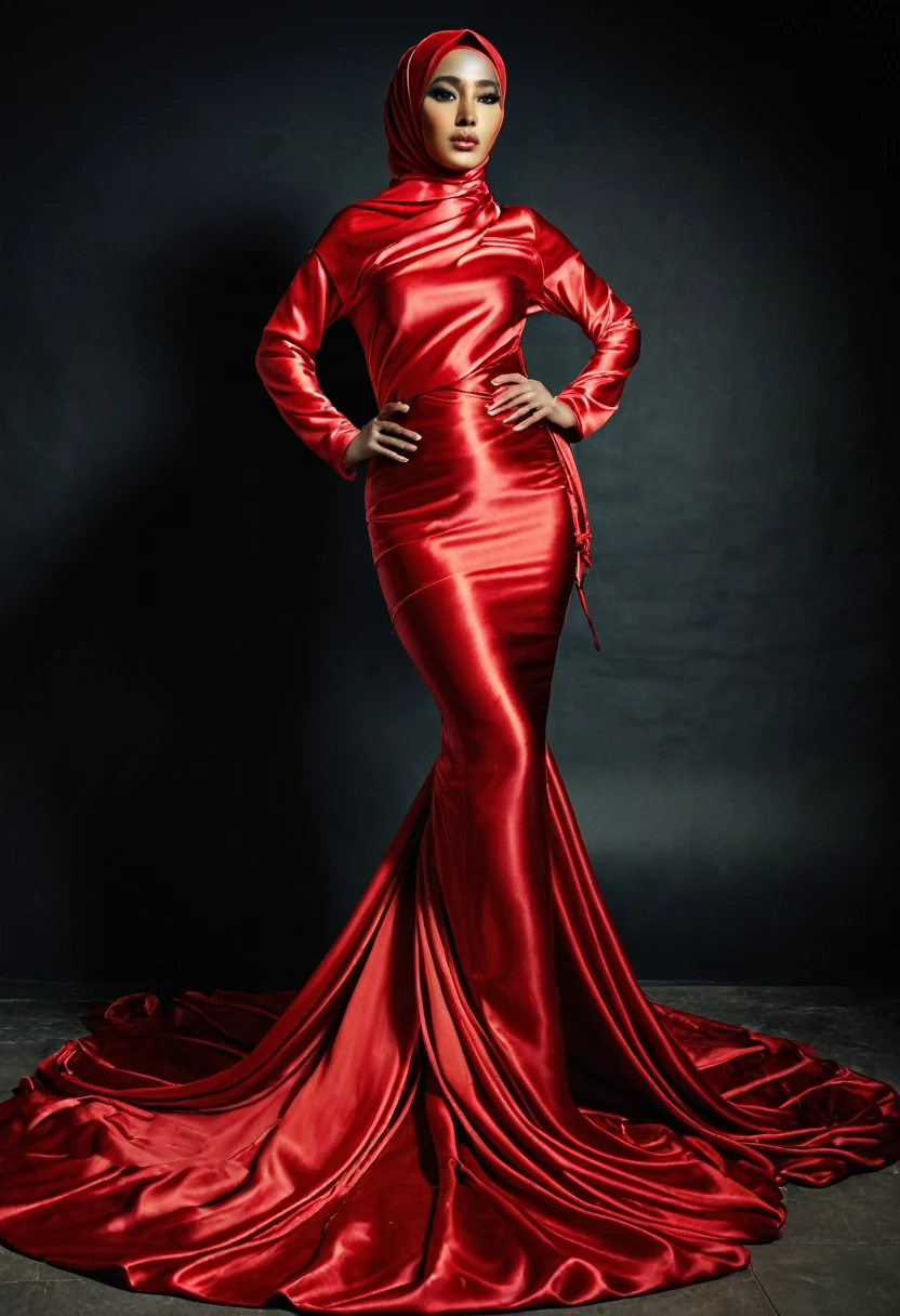 a woman covered in large red satin cloth, tied tight with the satin, mummified in satin, very long cloth, shape like mermaid gown, tight in leg, wearing a satin hijab, the satin cloth is very wide, forming the curve of the body, flowy dramatic train gown, duble long satin sheet, strugle to move,full body,masterpice, 4k resolution, ultra-realistic, highly detail.