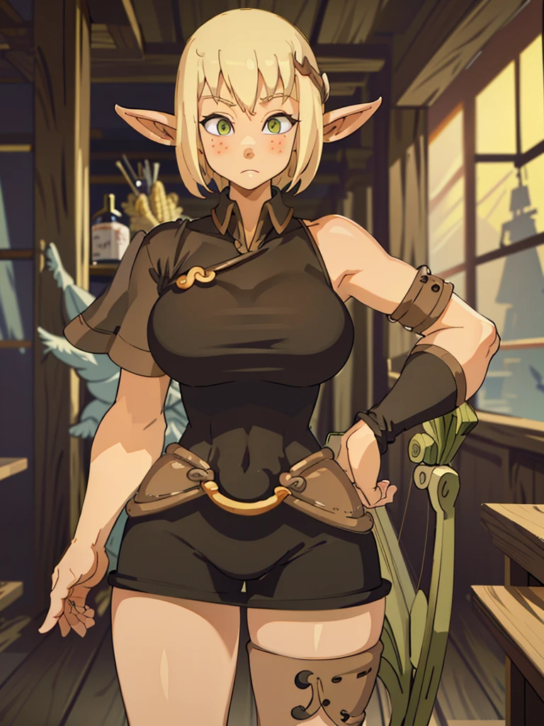 blond short hair ,(best quality), (ultra detailed),(disheveled hair),(illustration), (1girl), (Fashionable clothing), standing, Fashion model, masterpiece, best quality, bow, elf girl, strong abs,enormous massive gigantic big large fat absurde breasts, enormous legs, enormous thighs 