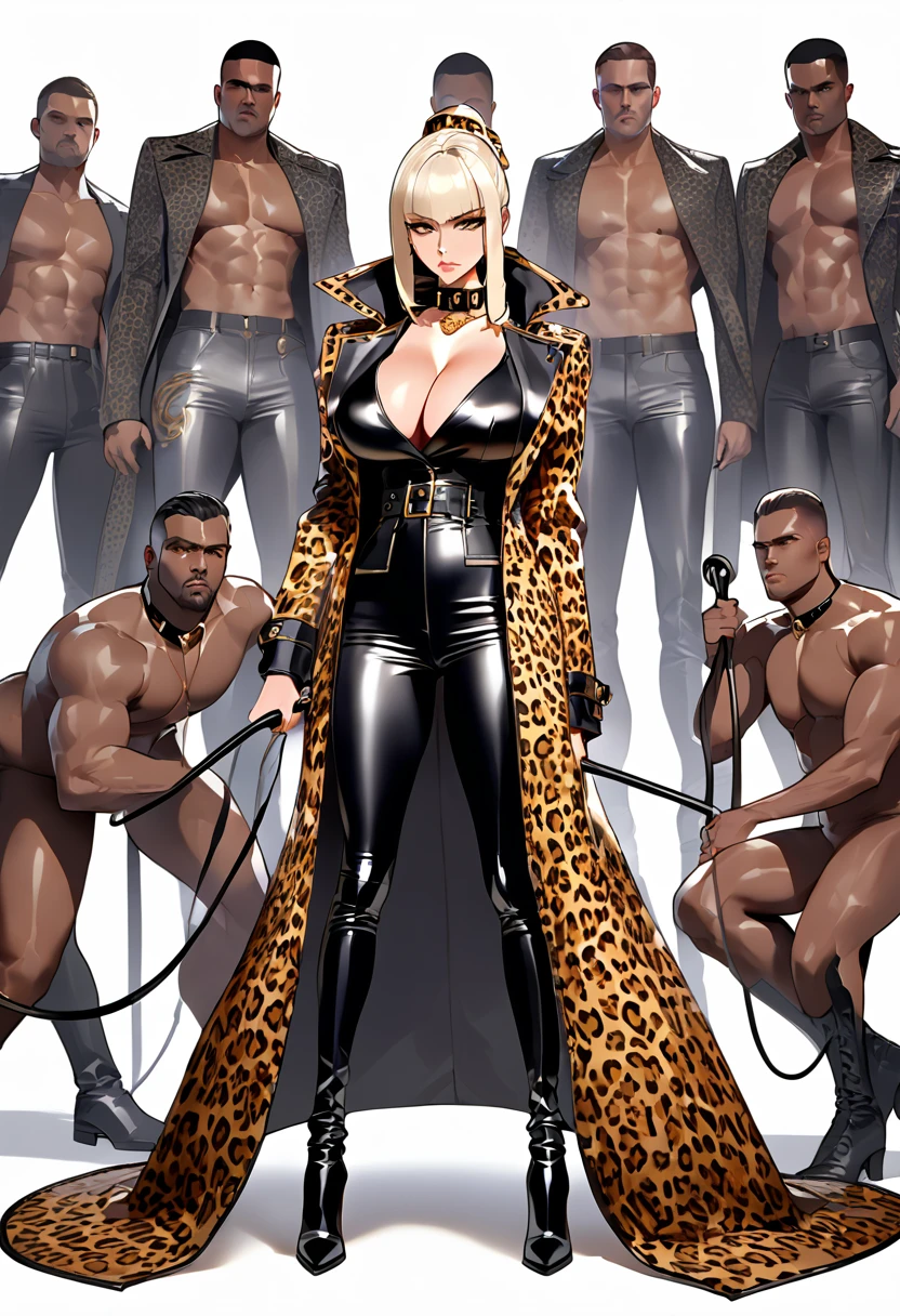 Femdom pretty ponytail girl with huge breast, upper class, luxury, triad female leader, Known for her impeccable fashion sense and elegant demeanor, she is a true embodiment of the Versace brand. Her body language is as captivating as her style dressed leopard print rubber trench coat with (((dramatic high coat collar))), leather pants, overknee boots,standing still with confidently, holding a whip, surrounded by naked men. (full body showcase), (show full body), (no logos on background), (no logo), ((plain background)), ((plain background)), (((empty background))).
