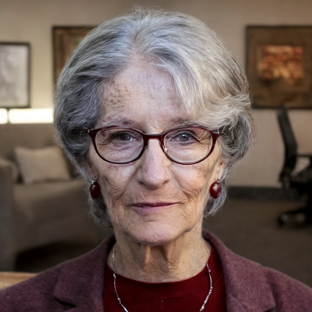 Prompt: (masterpiece)+, (extremely (realistic)+,a portrait of an elderly female psychologist. Glasses, short grey bob hair, earring, grey suit jacket over dark red knitted shirt, calm tired stare. Front photo. Looking in camera. volumetrics dtx, Photorealistic, ultra detailed, Artstation trending, very very detailed, realistic shaded lighting, dynamic shadows, detailed psychologist office background, upper body, professional photograph of a detailed skin, sharp focus, dramatic, award winning, cinematic lighting, octane render, unreal engine, volumetrics dtx, Photorealistic, ultra detailed, Artstation trending, very very detailed, hyperrealistic, fine details, realistic shaded lighting, dynamic shadows, psychologist office background, add_detail:1, skin pores and wrinkles, details.,More Reasonable Details
