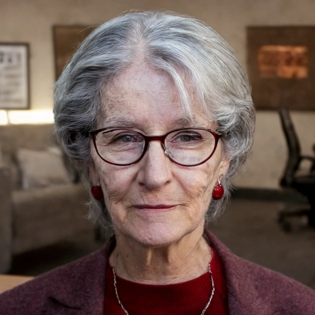 Prompt: (masterpiece)+, (extremely (realistic)+,a portrait of an elderly female psychologist. Glasses, short grey bob hair, earring, grey suit jacket over dark red knitted shirt, calm tired stare. Front photo. Looking in camera. volumetrics dtx, Photorealistic, ultra detailed, Artstation trending, very very detailed, realistic shaded lighting, dynamic shadows, detailed psychologist office background, upper body, professional photograph of a detailed skin, sharp focus, dramatic, award winning, cinematic lighting, octane render, unreal engine, volumetrics dtx, Photorealistic, ultra detailed, Artstation trending, very very detailed, hyperrealistic, fine details, realistic shaded lighting, dynamic shadows, psychologist office background, add_detail:1, skin pores and wrinkles, details.,More Reasonable Details
