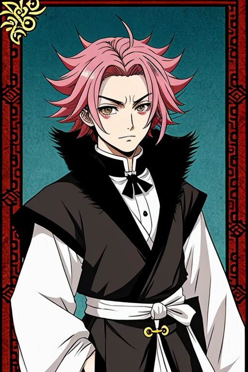 make me demon cards with the anime style of kimetsu no yaiba with extravagant hair with strange hair colors