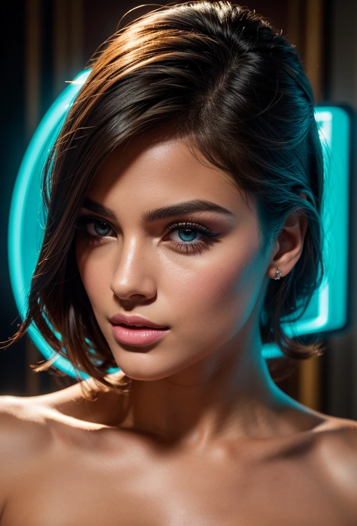 "Portrait of a beautiful woman with large, perfectly defined hazel eyes. His face is illuminated by the light that projects turquoise neon numbers that cover his entire face., creating a futuristic and mysterious effect. Your skin is smooth and luminous, highlighting the beauty of your features. Her lips, thick and sensual, they are slightly broken, adding a touch of realism and character. The illumination of the neon numbers creates soft shadows that emphasize the bone structure of your face, giving it an ethereal and captivating appearance."