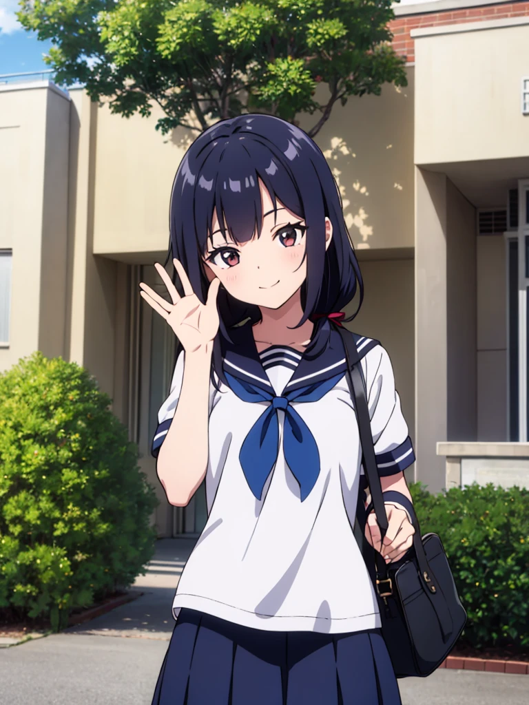 1girl, standing, (waving at the camera with left hand), (right hand on chest), (head tilt), smile, 15yo, 1girl, standing, gentle smile, 15yo, head tilt,
school building on the back,
4-story white school building, outdoor, tree on side, (low twintails girl), low pigtails, red ribbon on hair, very long black hair, white serafuku with blue ribbon, navy-blue collar, navy-blue skirt, (dark brown eye), 1 school bag on right shoulder, afternoon, summer, school, (from front:1.4), upper body, anime, high brightness, detailed face, detailed eyes, (high quality, ultra detailed, masterpiece, super detail, highres, anatomically correct, UDH), good hands, good fingers Japanese anime style, extremely cute, perfect hands