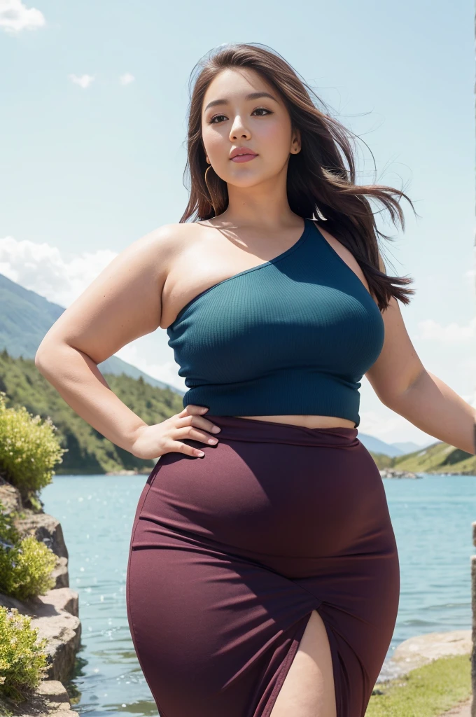 ((Best Quality, 8K, Masterpiece: 1.3)), Chubby woman smile ((best quality)), ((masterpiece)), (detailed), perfect face, USA woman fat in a dark-blue shirt and blue denim skirt walking down a street, thicc, she has a jiggly fat round belly, bbwchan, wearing tight sexy clothes, skinny waist and thick hips, widest hips, her belly is fat and round, soft curvy shape, hyperrealistic full figure, wearing a cute top, wide hips, cropped shoulders,Bare belly,(big assa:0.7),show legs,, thicc, beautiful thick female, beautiful curvy female,, Tall and tall,clear curvy details, curvy hourglass figure, alluring plus sized model, bbwchan, Voluptious body, Curvy model, Curvy body, Be red in the face, 1girll fat , a matural female, A MILF, the golden ratio,(Kpop idol),(Oil skin:1.2),(Oil skin:1.1) background High quality, HD, realistic, HDR. mountain refuge in grey stone, blends into the panoramic view of the mountain, spring landscape (green and flowery), edelweiss, lake, stream that winds, sunset, cool breeze. welcome mountaineers and hikers.