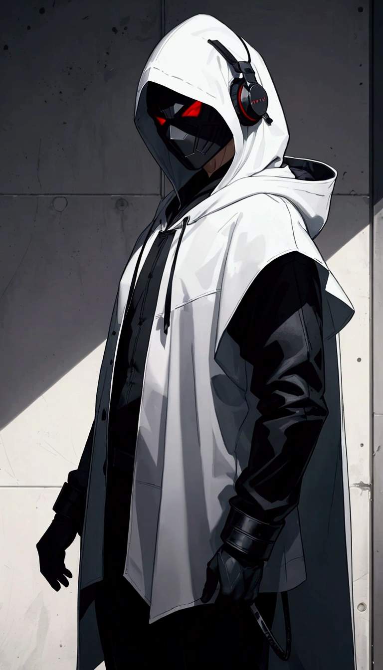 In a frontal pose, a mysterious man stands against a dark and mysterious background. His white hood and mask give him an air of secrecy., while your headphones suggest the music that keeps you company in this dark world. INFO