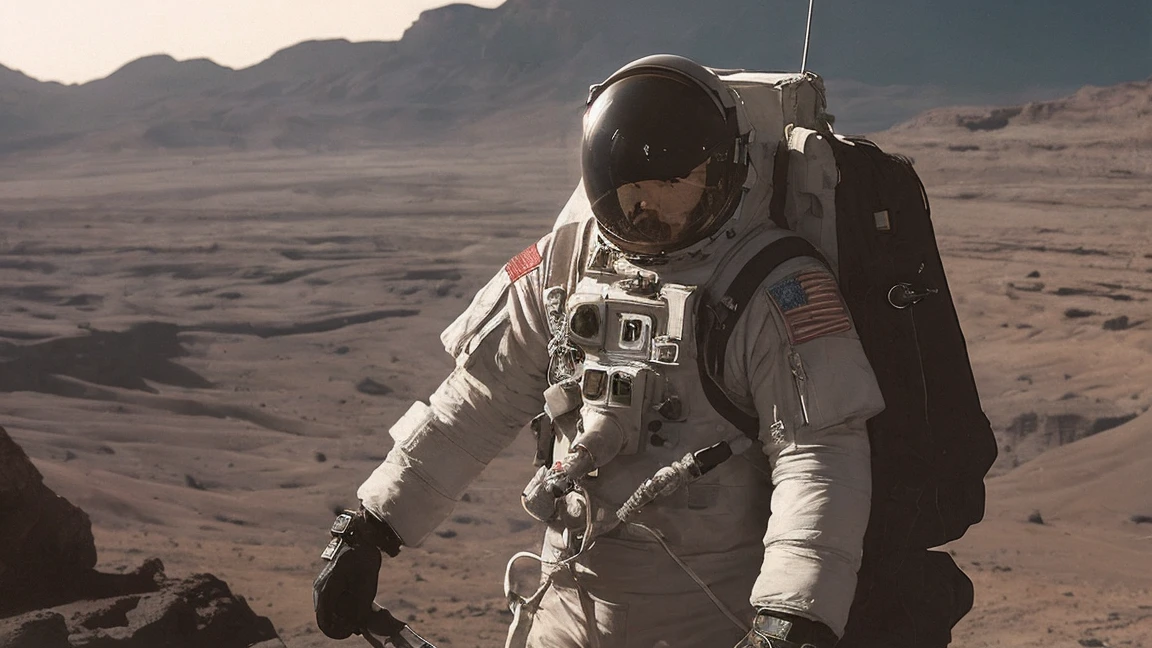 cinematic film, Realistic photograph,
An astronaut stands at the edge of a daunting canyon on Mars, gazing into the vast chasm that stretches before him under the starlit sky. The night is illuminated by the distant stars and the faint light of the planet, casting long shadows across the Martian landscape. The steep and rugged walls of the canyon seem insurmountable, and the astronaut, clad in his spacesuit, screams into the void, a mix of awe and exasperation evident in his expression. The Martian terrain, tered with rocks and shadows, adds to the atmosphere of mystery and the challenges of space exploration.
,shallow depth of field, vignette, highly detailed, high budget, bokeh, cinemascope, moody, epic, gorgeous, film grain, grainy,
