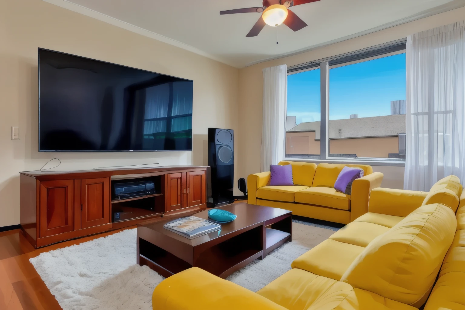 Living room with couch, big tv screen