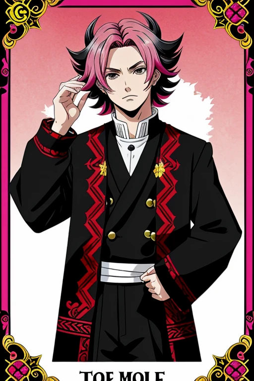 make me demon cards with the anime style of kimetsu no yaiba with extravagant hair with strange hair colors (that is not pink)