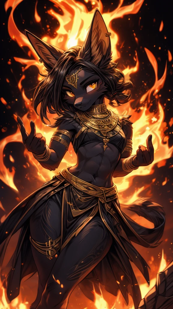 Masterpiece Best quality, the best definition to add aesthetic and lighting details Black girl jackal, egiptian clothes, teen girl, ,black body, ( the best definition in the body, good attributes, stylized body, slanted eyes, sensual look) egipt landscape, golden tattoo body, sensual eyes, yellow pupil, He has 2 kunai in his hands, battle pose, background fire add_detail , bow and arrows about to be shot 