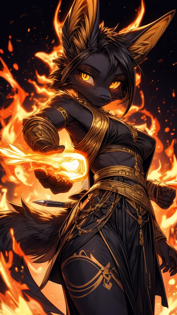 Masterpiece Best quality, the best definition to add aesthetic and lighting details Black girl jackal, egiptian clothes, girl, ,black body, ( the best definition in the body, good attributes, stylized body, slanted eyes, sensual look) egipt landscape, golden tattoo body, sensual eyes, yellow pupil, He has 2 kunai in his hands, battle pose, background fire add_detail , bow and arrows about to be shot