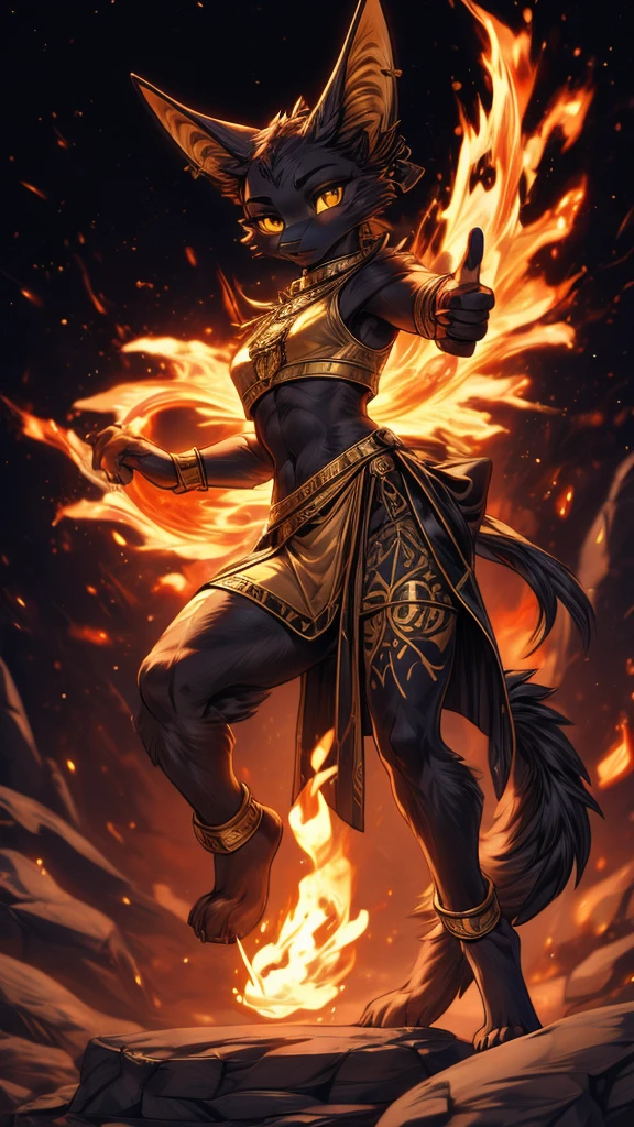 Masterpiece Best quality, the best definition to add aesthetic and lighting details Black girl jackal, egiptian clothes, teen girl, ,black body, ( the best definition in the body, good attributes, stylized body, slanted eyes, sensual look) egipt landscape, golden tattoo body, sensual eyes, yellow pupil, He has 2 kunai in his hands, battle pose, background fire add_detail , bow and arrows about to be shot