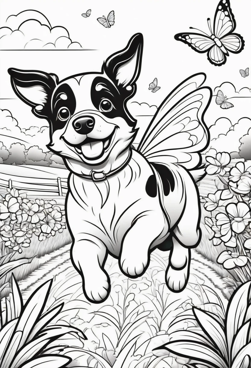 coloring page for kids, Farm dog chasing butterflies, cartoon style, thick lines