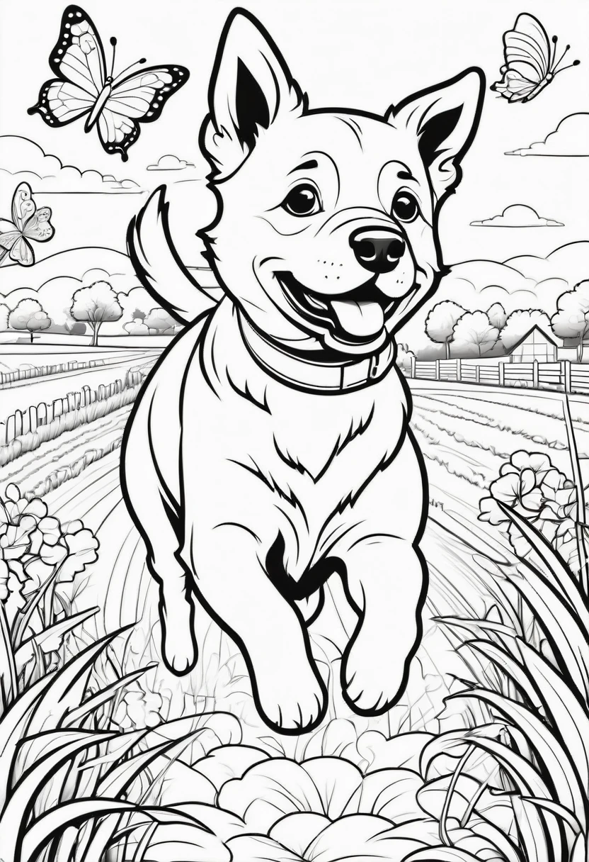 coloring page for kids, Farm dog chasing butterflies, cartoon style, thick lines