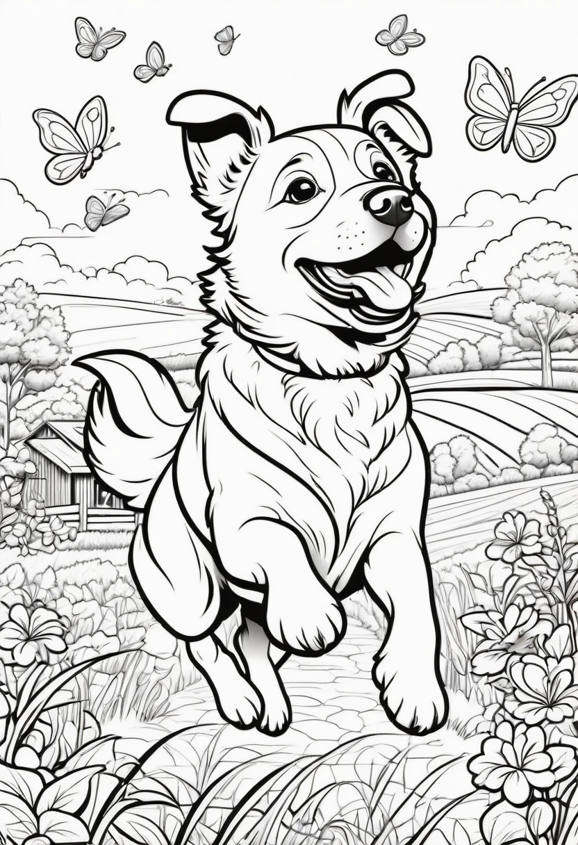 coloring page for kids, Farm dog chasing butterflies, cartoon style, thick lines