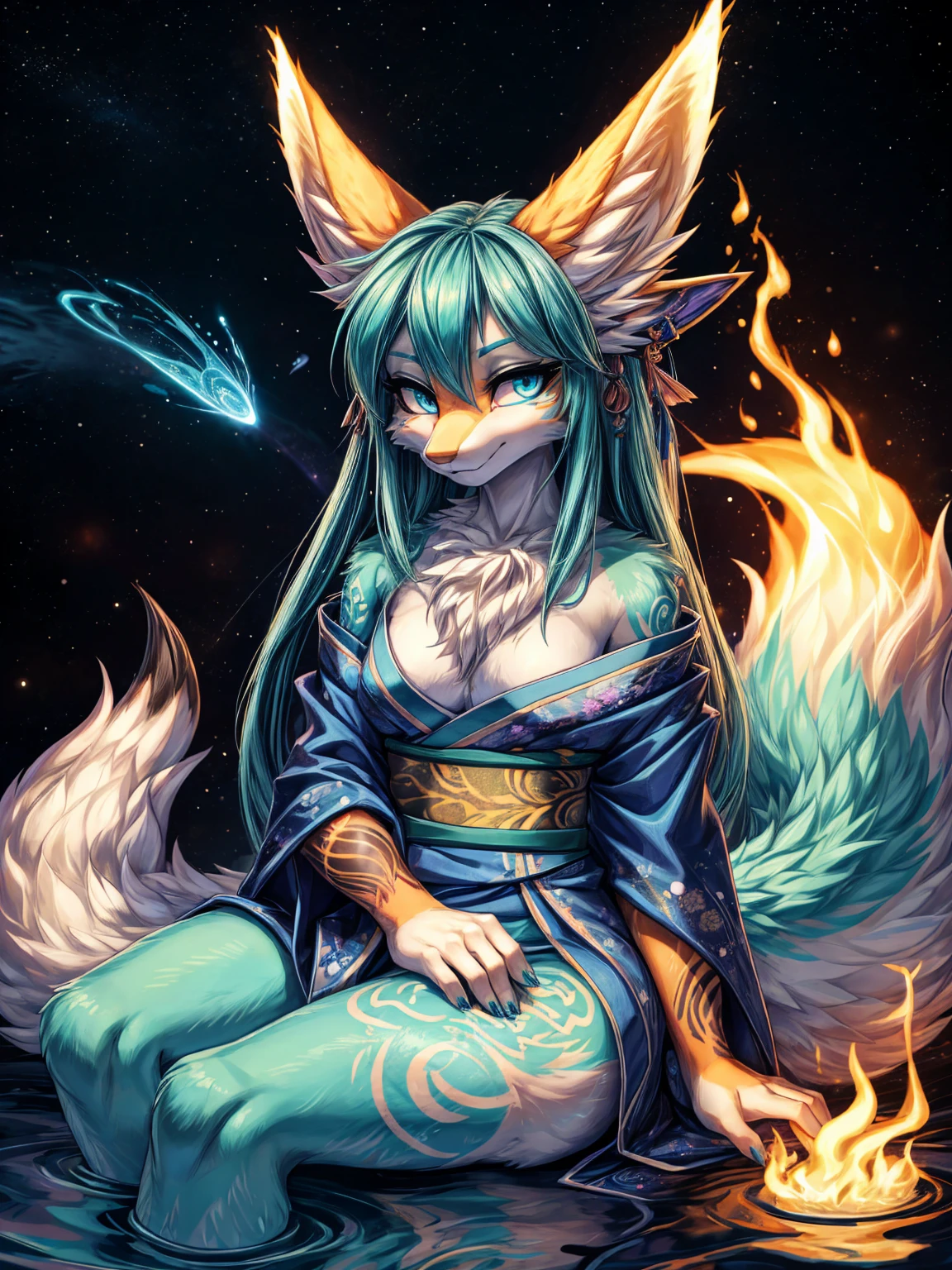 Miku Hatsune, Water&white, High Definition, kitsune ears, golden tattoo, tribal tattoo, mediolateral view sitting with legs closed, flirtatious look, deep blue eyes, magical aura, space kitsune, mystical aura, mystical aura, long fluffy tail, enhanced eyes add_detail:1, space fox, kimono Galaxy, wrapped in flames