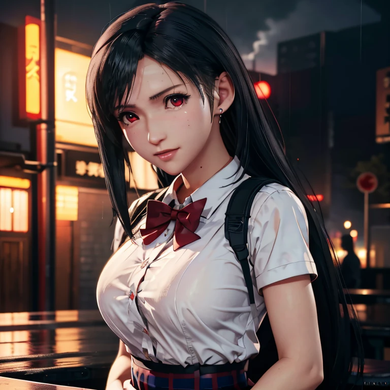 school girl uniform , steam , rain , plaid skirt , pleated skirt , The shirt is tight. , white shirt , school girl , red bow , red knot , highly detailed photo of Tifa Lockhart posing, final fantasy 7 remake, red eyes, intricate, highres, 8k, detailed hair