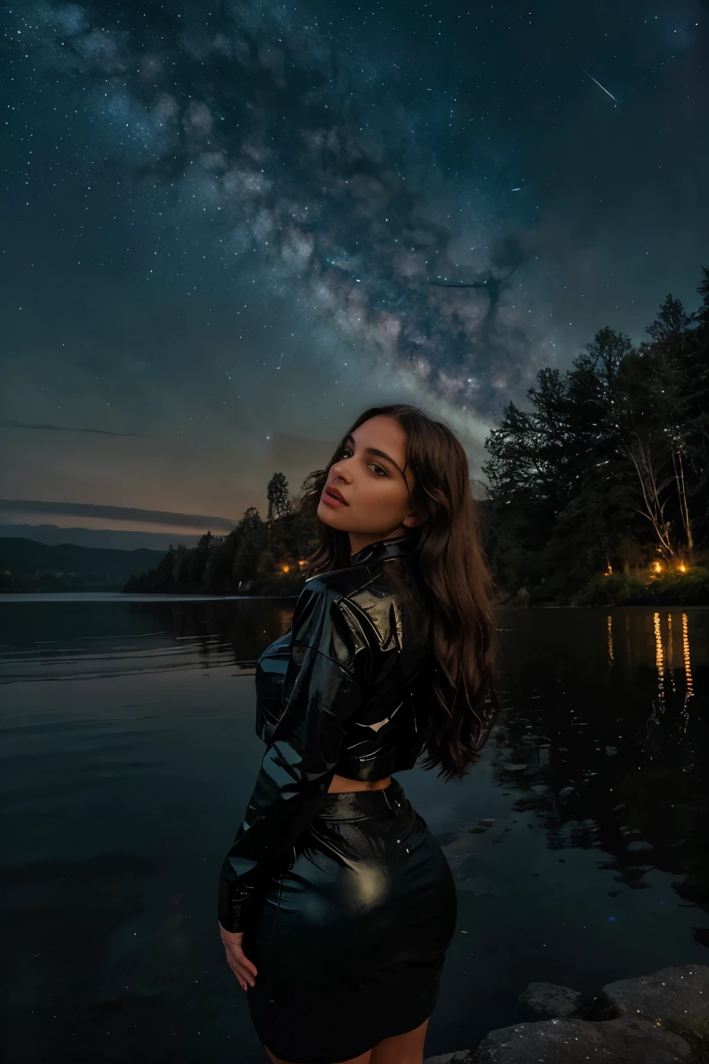In the heart of the night, a captivating image unfolds, showcasing a tranquil atmosphere filled with an endless expanse of stars and the radiant Milky Way. A solitary figure, a breathtaking woman, graces the scene, her gaze fixed on the celestial spectacle above. Her allure is undeniable, with striking features that include voluptuous curves and prominent, seductive eyes. Her hair, a choice between glossy brown or striking black, cascades down her back, framing her flawless face.
She stands by the edge of a serene lake, its calm waters mirroring the night sky, creating a mesmerizing reflection.