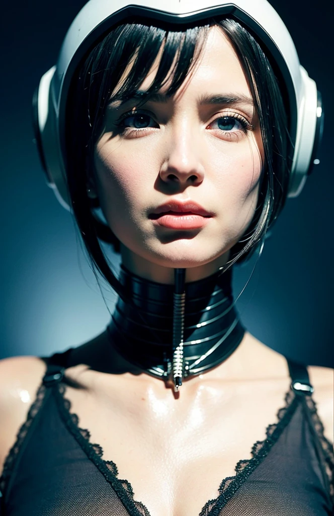 complex 3d render ultra detailed of a beautiful porcelain profile woman android face, cyborg, robotic parts, 150 mm, beautiful studio soft light, rim light, vibrant details, luxurious cyberpunk, lace, hyperrealistic, anatomical, facial muscles, cable electric wires, microchip, elegant, beautiful background, octane render, H. R. Giger style, 8k, best quality, masterpiece, illustration, an extremely delicate and beautiful, extremely detailed ,CG ,unity ,wallpaper, (realistic, photo-realistic:1.37),Amazing, finely detail, masterpiece,best quality,official art, extremely detailed CG unity 8k wallpaper, robot, silver helmet, full body shot