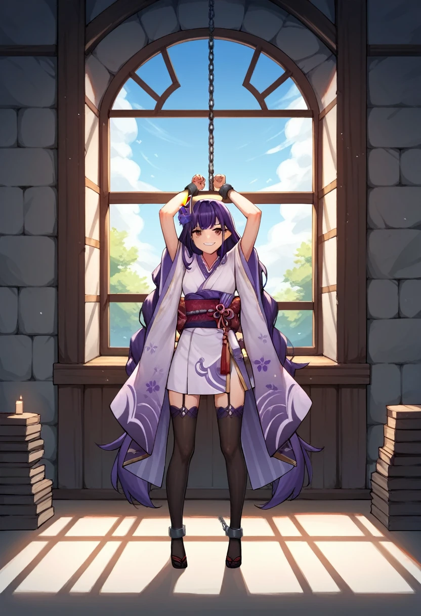 score_9, score_8_up, score_7_up, score_6_up, score_5_up, score_4_up, source_anime, 1girl,lora:raidenshogun1-000009:1>, raidenshogundef, upper body, smile, worth, full body, windows, wall, purple hair, long hair, brown eyes, w-w-chain, shackles, raise arms, messy hair, kimono, stockings, high heels, dungeon, best quality, best res, 4K UHD,
 