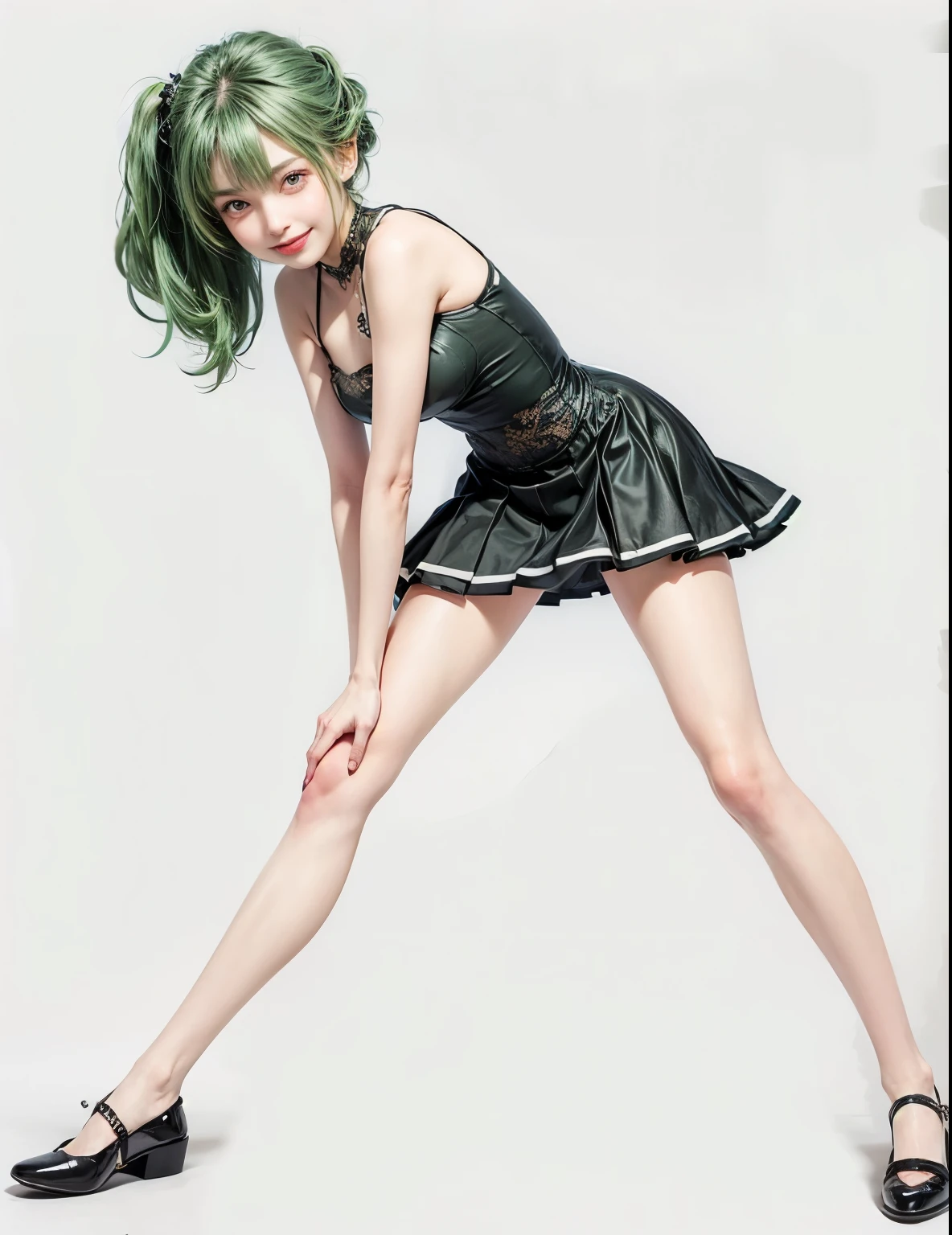 masterpiece, nsfw, pussy, Very detailed, seductive girl, attractive girl, Beautiful seductive woman, beautiful girl, small smile, green hair, he looks at the viewer, a malicious smile