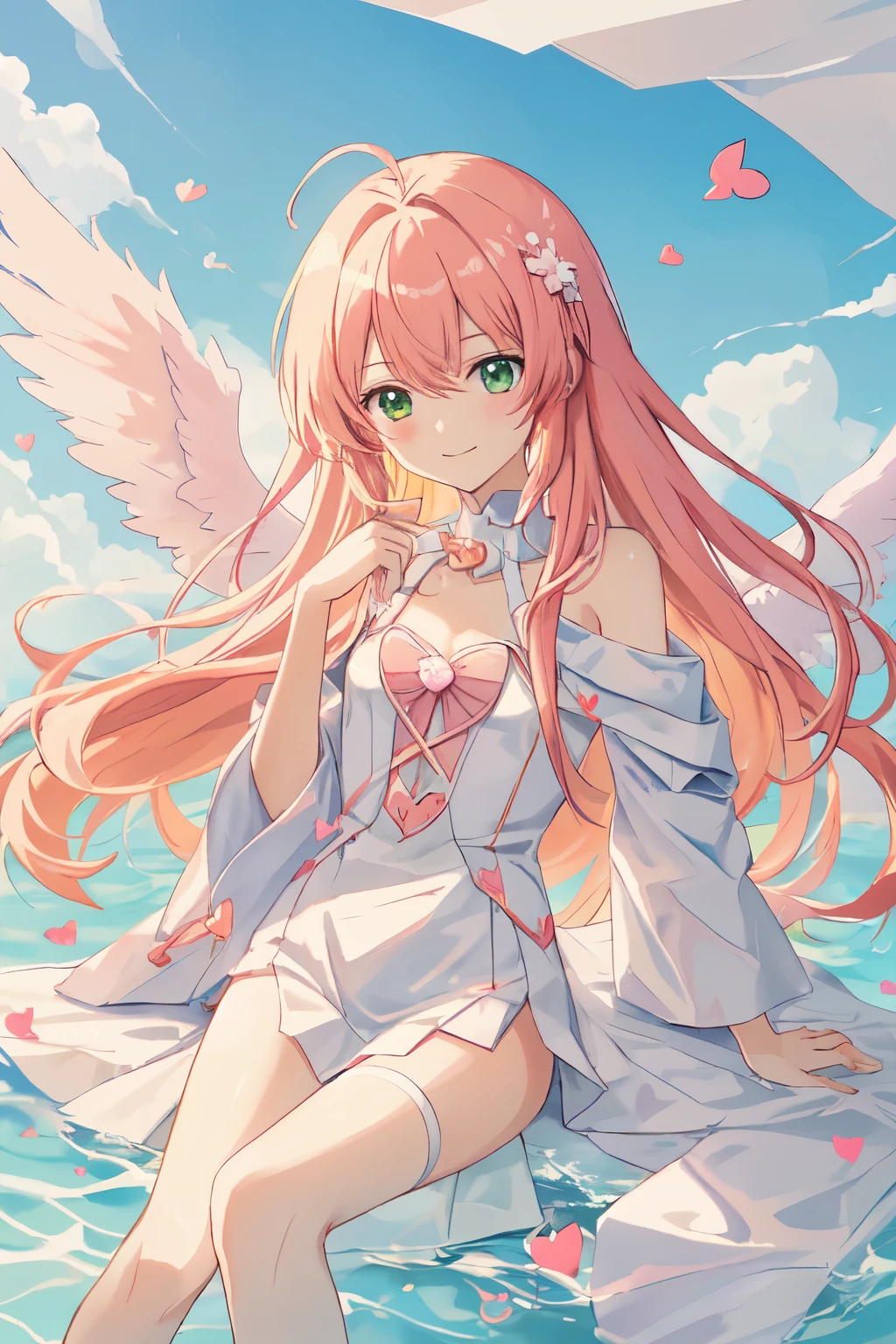 1_girl, (anime, kawai:2), (masterpeice, best_quality, clean:1.5), (sky_background:1.2), (cute, cute_smile, wholesome, young:1.8), (delicate, extremely_delicate, beautiful, thin:1.5), (girlfriend, angel:1.8), (green_eyes, simple_eyes:1.8) (long_hair, blond_hair, wearing_pink_dress, pink_angel_wings:1.5), (combat:1.2), extremely_delicate, (love_magic:1.5), (age_size_fits_body), (small_thighs:1.3), (breasts), (eye_level:1.3), (heart_magic, love:1.5), (folded_legs:1.5)