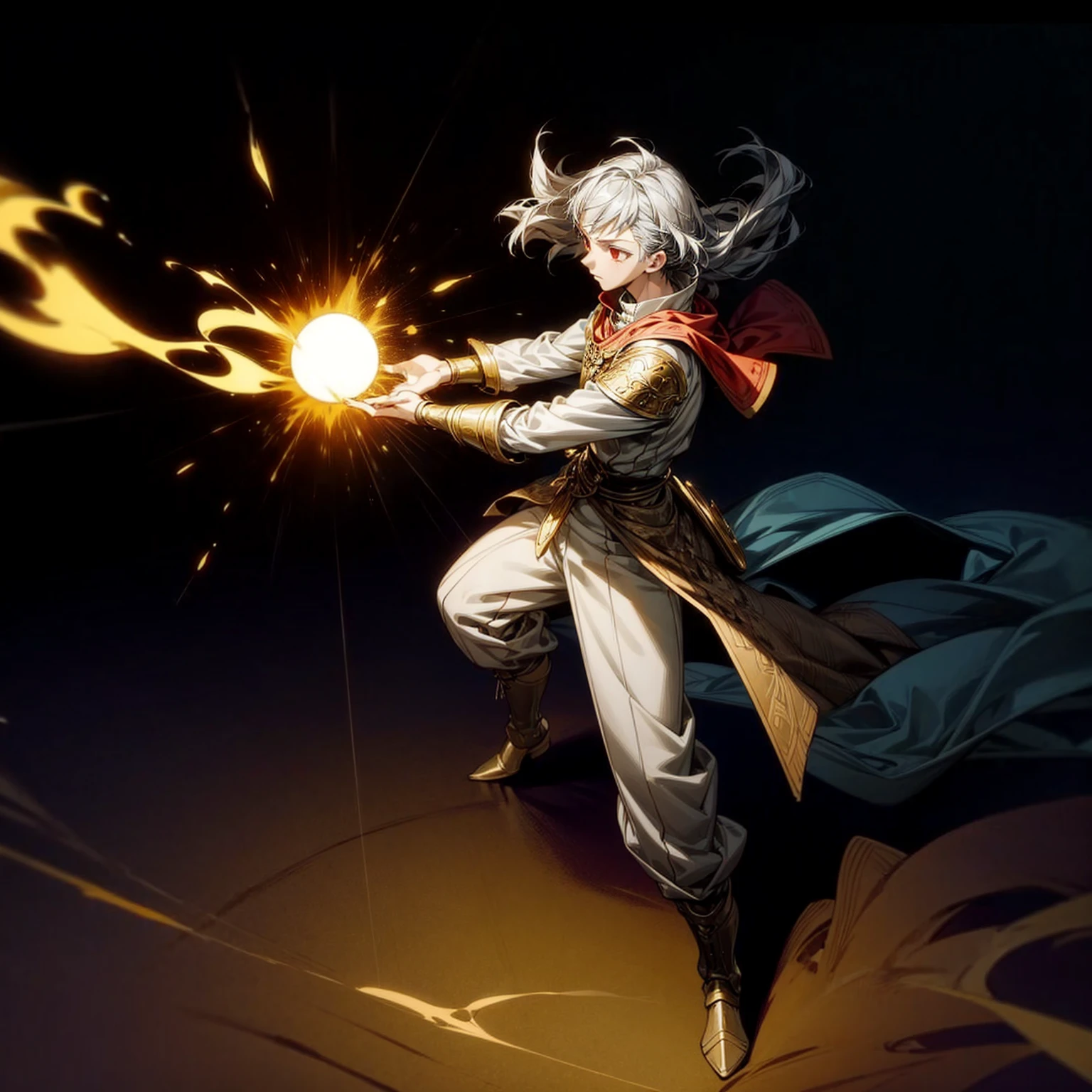 1boy, Full body version, 1character, red eyes, long haircut, silver colour hair, Ancient Roman clothing, Grassroots, full background in square Castleford, motion blur, lighting, (one piece art), standing gesture, boots, long pants, gold armors, 3ball fire, bigger ball flame on hand, smoke effect, Fire effect on background, plasma effect, blood on face, high angle view 