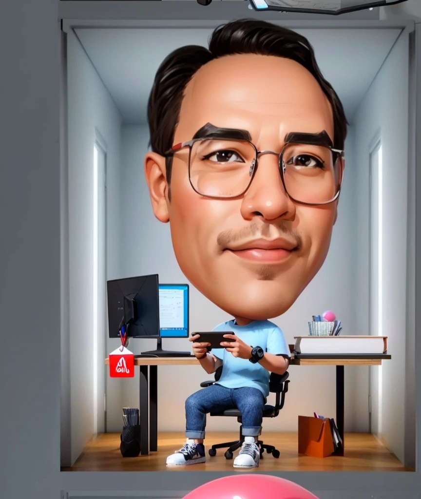 cartoon of a man sitting at a desk with a laptop and a pink ball, digital art cartoon, caricature illustration, cartoon digital painting, cartoon portrait, caricature style, cartoon artstyle, cartoon digital art, nft portrait, in cartoon style, digital cartoon painting art, for hire 3d artist, 3 d artist, inspired by Rudy Siswanto, caricature!!!