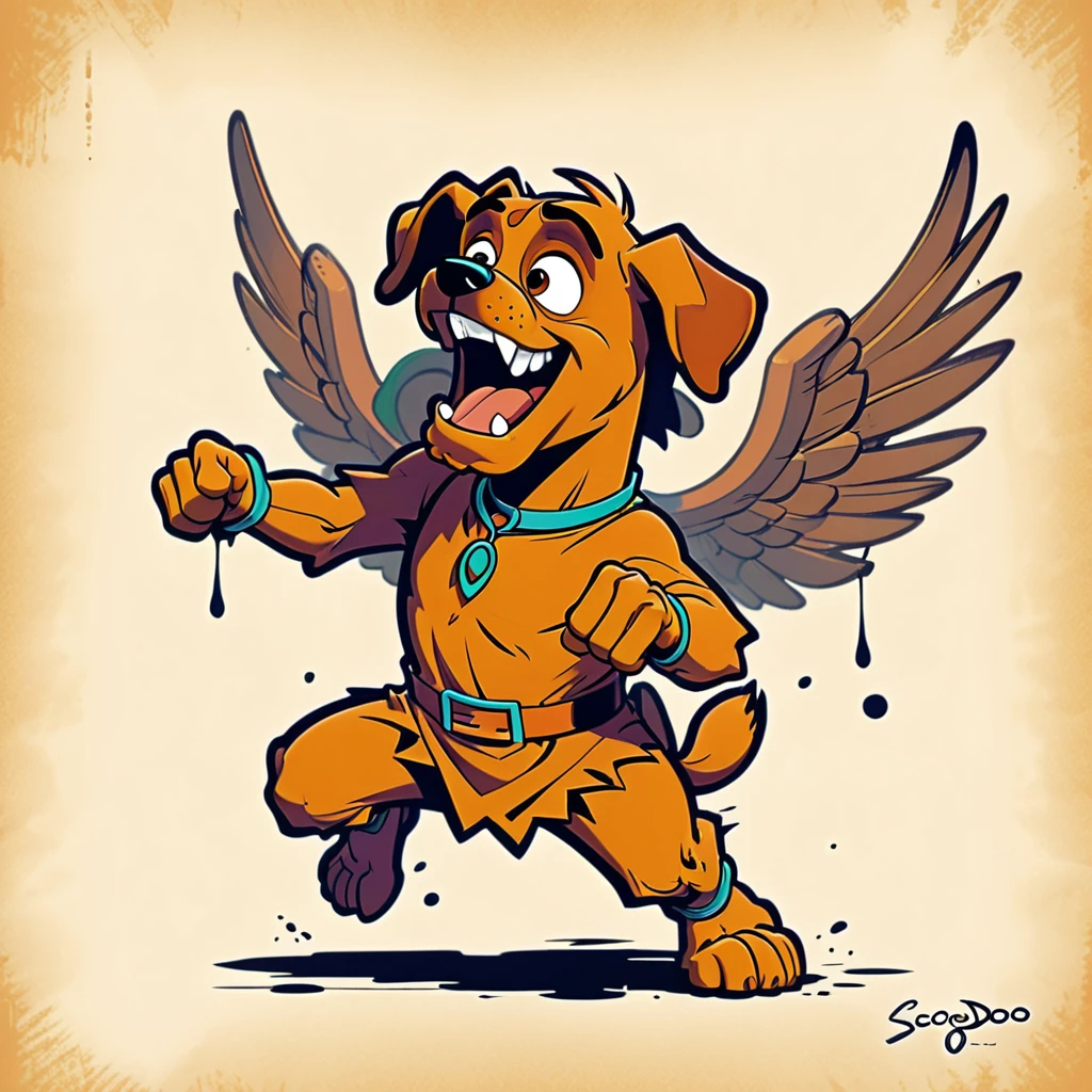 1960s design, vintage retro scrappy doo, screen grab Scooby Doo TV show, solid color design, 1960's Scooby Doo color style, expressive sketch bold ink lines, upright fists up to box, fighting stance, splash page comic, distinct scrappy doo design and iconic resemblance to the character scrappy doo, alone solo Scrappy Doo, flying, with wings, winged scrappy doo, ornate detailed feathers on wings, clearly scrappy doo, short small dog Scooby Doo distinct to original cartoon, scene is minimal, serene, perfect, strange, candid, cinematic, surreal, and timeless. The style is a mix of realism and cartoon, with 90s comic aesthetics, expressive ink work, cinematic compositions, and nuanced details. The style is reminiscent of Joelle Jones and 90's scooby doo animated tv show, scooby doo distinct art style,