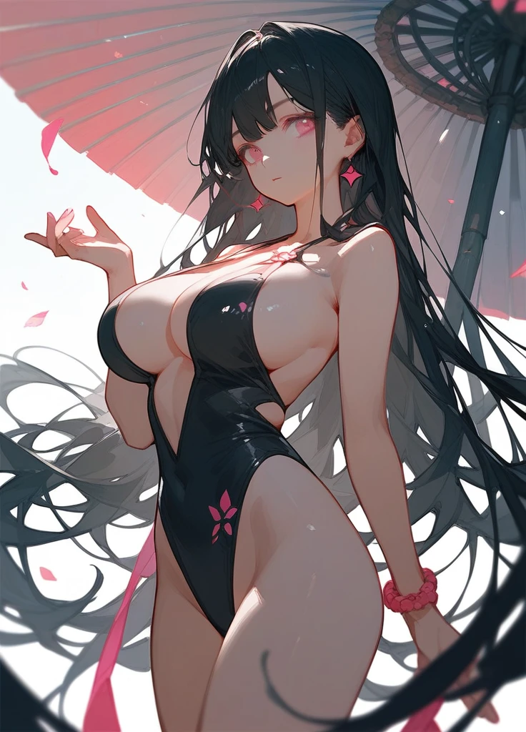 One girl, Black Hair, Large Breasts, Pink eyes, Bangs, Very long hair, Straight Hair, Illustration, anime, anime風, Swimwear