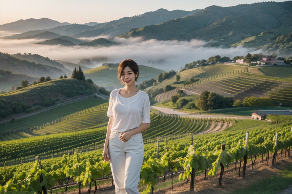 8k best picture quality, Beautiful 36-year-old Korean woman, northern italy countryside dawn, View of the cathedral next to the vineyards, The back background is realistic and vivid quality., short medium hair, A luxury brand white T-shirt that covers the chest and a high-quality short cardigan., Wear casual pants, Smile slightly. the background is clear, looking up at the front camera. Standing on a hill on a trail and looking at a foggy vineyard, Dress modestly, There is a thick fog in the early morning., Well-groomed hair, Wide angle lens full body shot, 1 woman