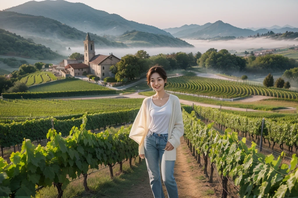 8k best picture quality, Beautiful 36-year-old Korean woman, northern italy countryside dawn, View of the cathedral next to the vineyards, The back background is realistic and vivid quality., short medium hair, A luxury brand white T-shirt that covers the chest and a high-quality short cardigan., Wear casual pants, Smile slightly. the background is clear, looking up at the front camera. Standing on a hill on a trail and looking at a foggy vineyard, Dress modestly, There is a thick fog in the early morning., Well-groomed hair, Wide angle lens full body shot, 1 woman