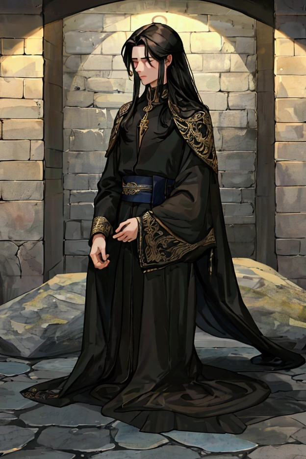 A teenage boy with long black hair lies unconscious on the stone floor, everything is shrouded in fog