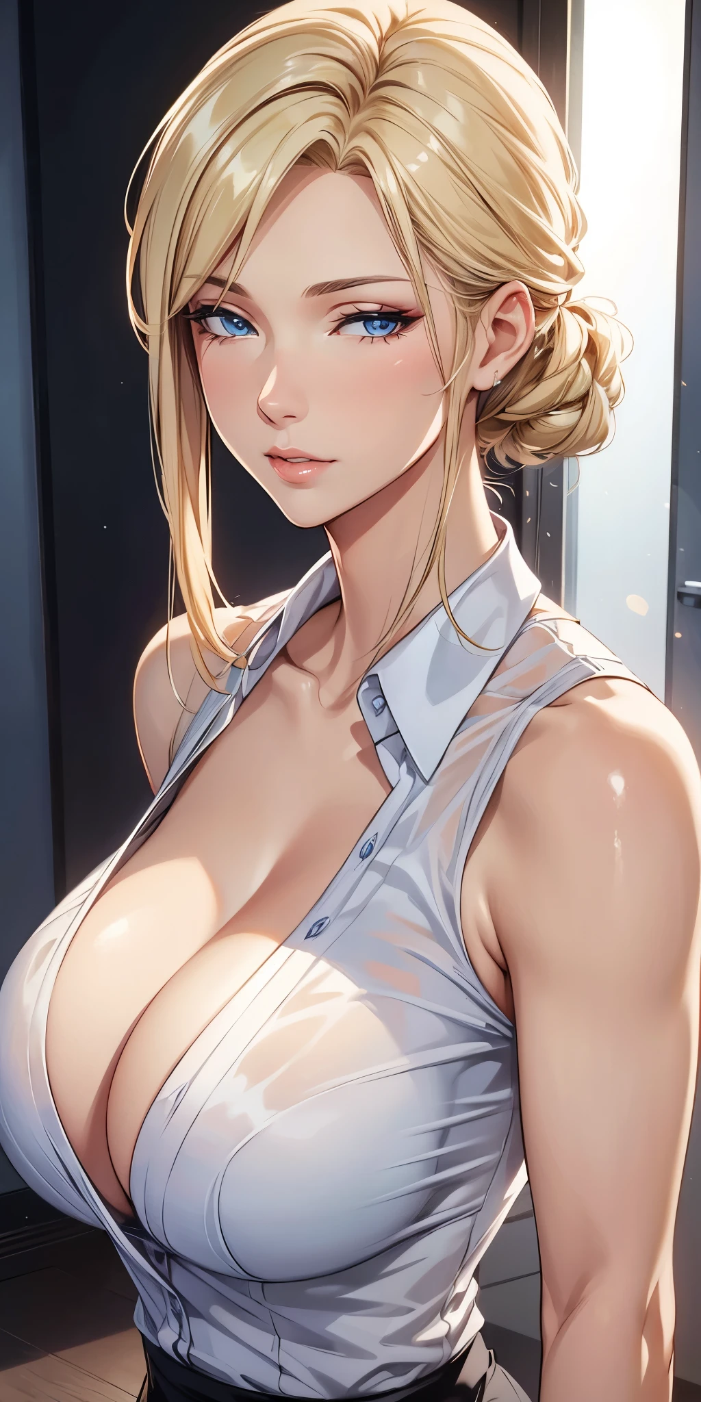 Elegant mature woman, milf, blue eyes, blonde hair, soft light, 4k resolution, high quality, beautiful cg