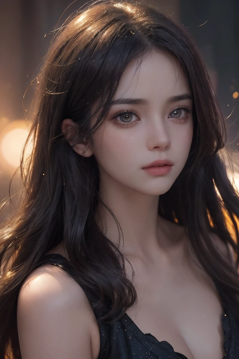 A movie film still of super very close-up portrait of a beautiful 18 year old woman with a mesmerizing and intense gaze, her face illuminated by warm, glowing light. She has glittering gold dust on her face, gold reflection in her eyes, and her lips are a deep, glossy red with shiny sparkles. The background is dark, with sparks and embers floating around her, creating a mystical and fiery atmosphere. Her expression is one of awe and wonder, with eyes reflecting the glowing light. Her hair is slightly messy, adding to the dramatic and ethereal feel of the scene. soaked film, 4k , 8k ,UHD, slightly sweaty skin,cinematic film , realistic , shallow depth of field, vignette, highly detailed, high budget, bokeh, cinemascope, moody, epic, gorgeous, film grain, grainy,