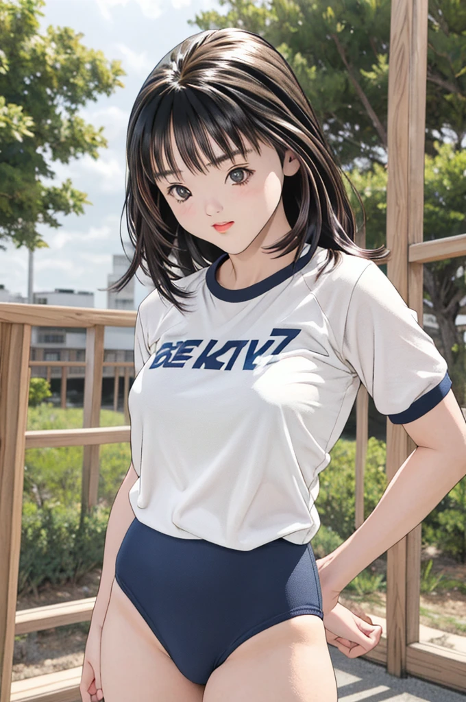 masterpiece, best quality, highres,Young and very cute17--old l,Sexy pose,Unusually beautiful and large eyes,Thick eyelashes,Thick eyebrows,A well-balanced and toned body,yoshizuki_iori, buruma,gym uniform, standing, cowboy shot, outdoors,