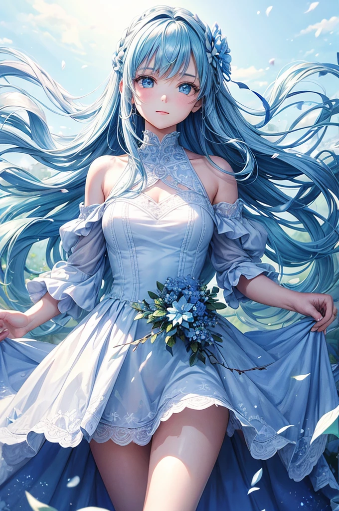 (Ridiculous, High resolution, Super detailed, Ultra high quality, cinematic), alone, 1 girl, Mature, happy, girl standing in light blue flower field, light blue flower petal surrounding girl, whole body, Blue long hair girl, light blue hair, fantasy, Dreamy, Snowy, official art, Pop art, contour, Super detailed face, Super detailed eyes, light blue flower field, Super detailed field, White blue sky, cold, light blue, White,  Nebula in the sky, blue tree, watercolor, pastel colors