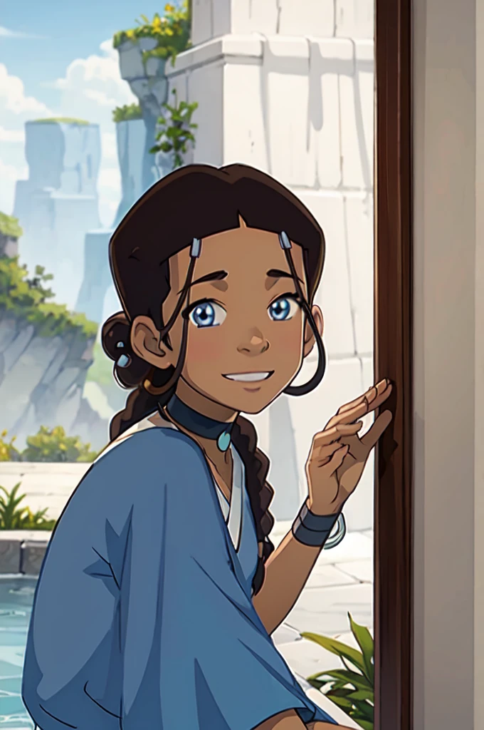 realist, Photo, 1 girl, Dark skin, mujer de Dark skin, blue eyes, braid, choker, jewelry, looking at the viewer, smile, waterbending, Katara, NSFW