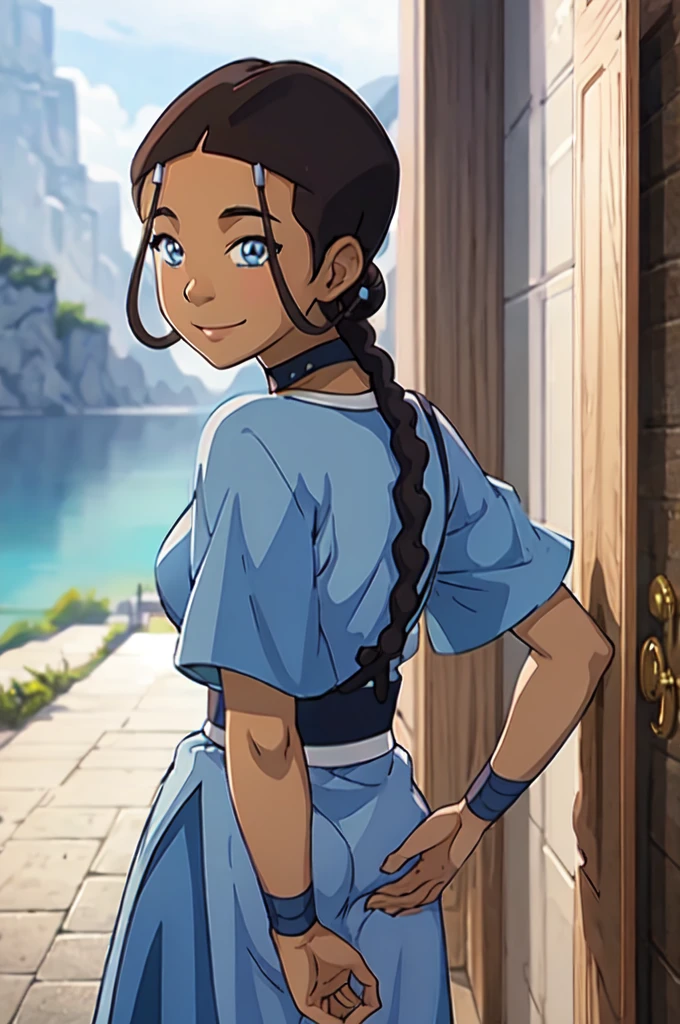 realist, Photo, 1 girl, Dark skin, mujer de Dark skin, blue eyes, braid, choker, jewelry, looking at the viewer, smile, waterbending, Katara, NSFW