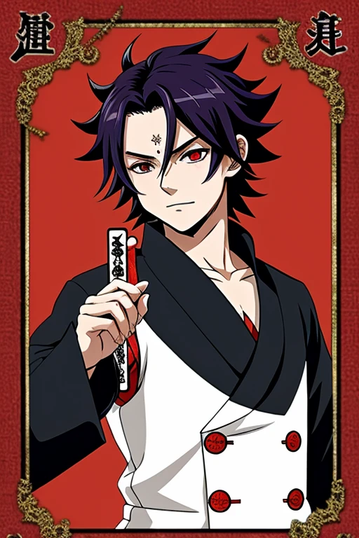 make me demon cards with the anime style of kimetsu no yaiba with extravagant hair and strange colors like red or blue