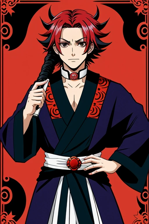 make me demon cards with the anime style of kimetsu no yaiba with extravagant hair and strange colors like red or blue