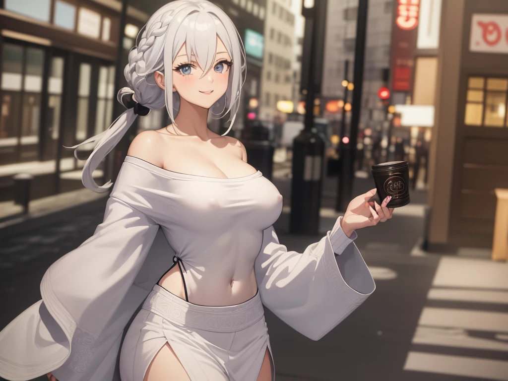 ((best quality)), ((masterpiece)), (detailed), 1 Girl, Off-shoulder sweater, ,Smiled happily,White hair,gentle,Anime style,Long hair,K cup,Revealing clothes,Showing breasts,on the street,There is a bulge on the chest,clear nipples,Hands behind your back