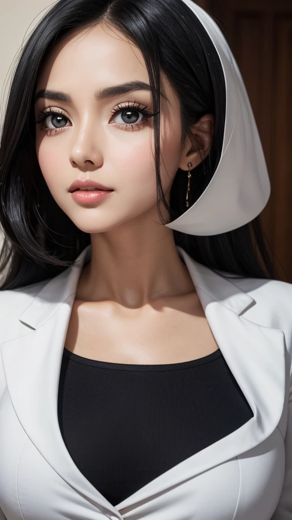 Create a beautiful executive woman at work who has black hair, big eyes, oval face, and very beautiful.
