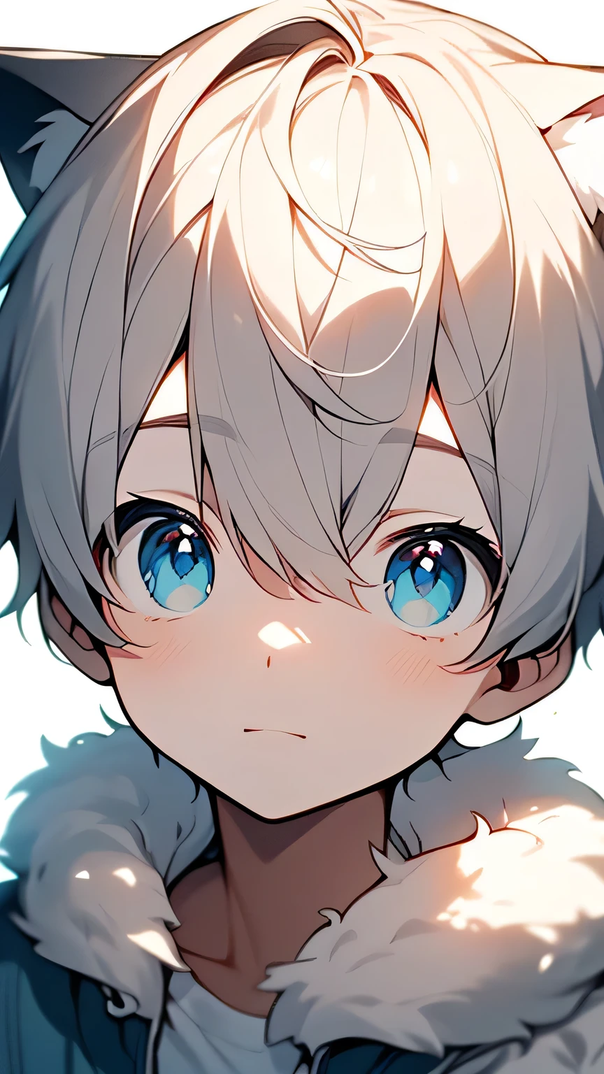 (masterpiece, Ultra-high quality, high resolution, 8K, complicated: 1.2), (Delicate face:1.2),White skin, Double eyelids , Delicate skin, a boy,Good lighting quality, ((青White skin)), Soft and cute anime style,Cute cat-eared boy with white fur,Bright blue eyes,Q version expression pack,Excellent anime