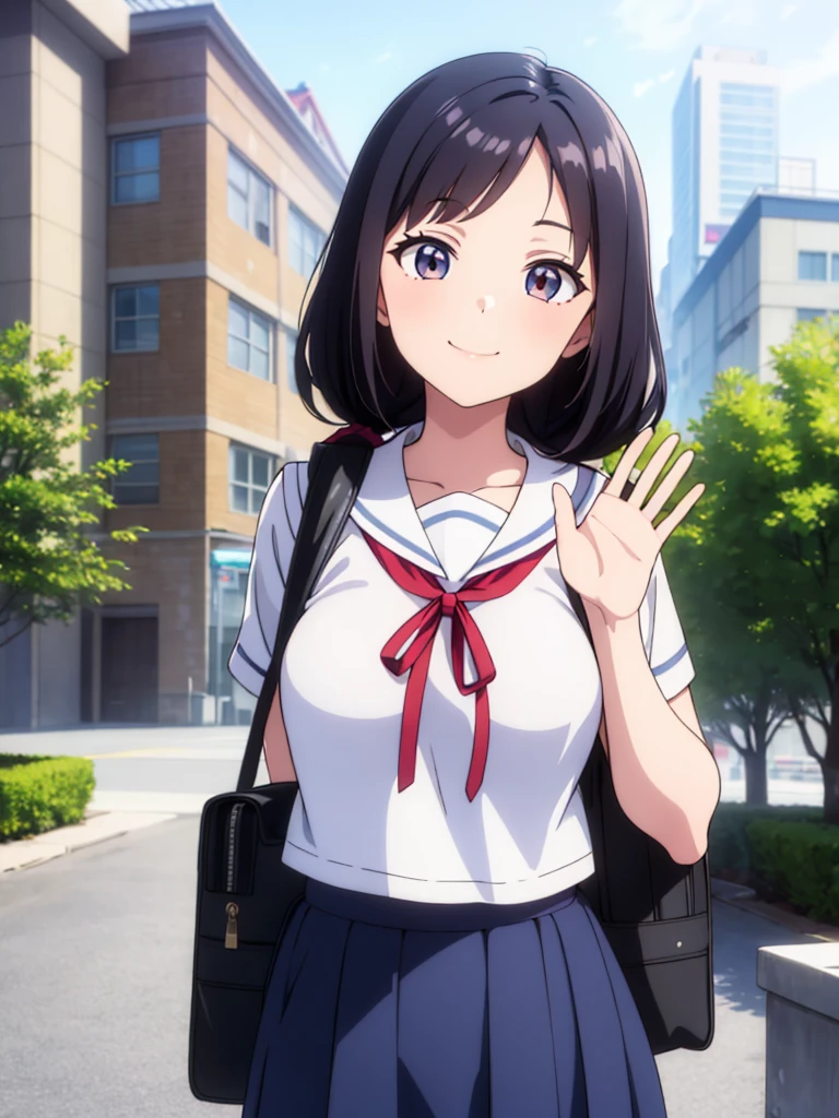 1girl, standing, (waving at the camera with left hand), (right hand on chest), (head tilt), smile, 15yo, 1girl, standing, gentle smile, 15yo, head tilt,
school building on the back,
4-story white school building, outdoor, tree on side, (low twintails girl), low pigtails, red ribbon on hair, very long black hair, white serafuku with blue ribbon, navy-blue collar, navy-blue skirt, (dark brown eye), 1 school bag on right shoulder, afternoon, summer, school, (from front:1.4), upper body, anime, high brightness, detailed face, detailed eyes, (high quality, ultra detailed, masterpiece, super detail, highres, anatomically correct, UDH), good hands, good fingers Japanese anime style, extremely cute, detailed hands