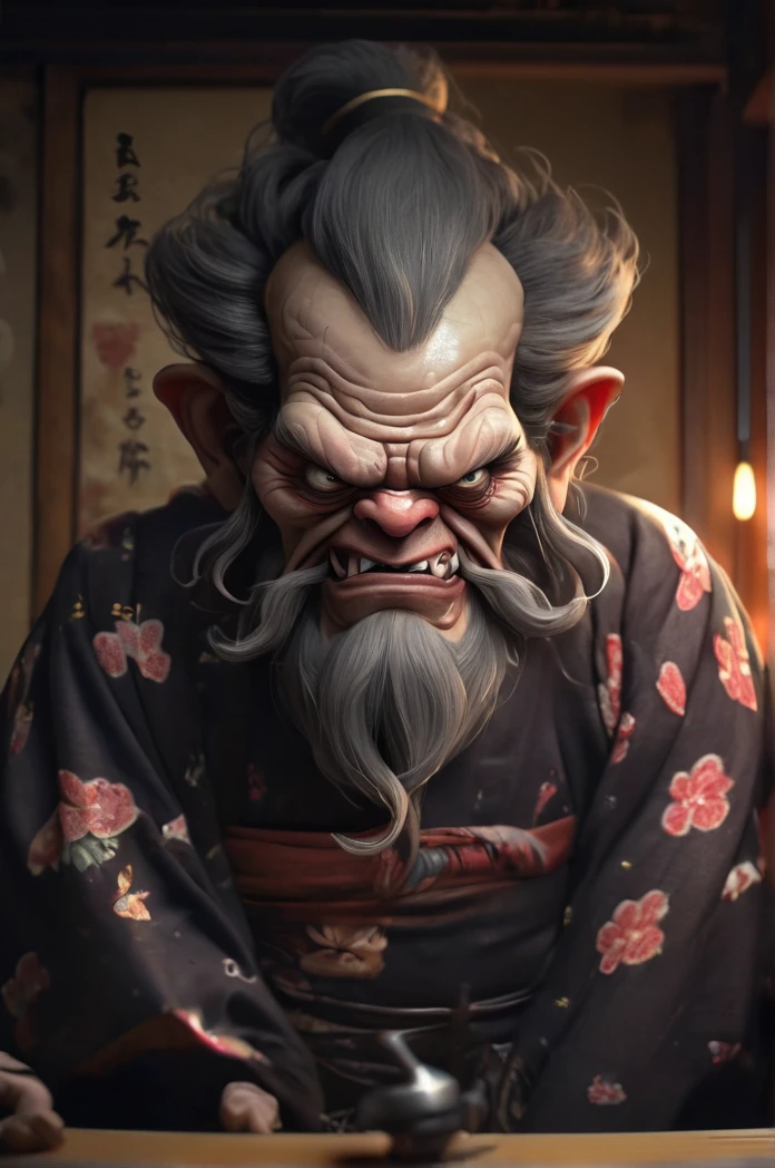 8k、Ultra HD、Inside the Japanese-style room、Has a smoking pipe、profile、An old man-like monster wearing a kimono、Shallow depth of field, Vignette, Very detailed, High budget, Bokeh, CinemaScope, Sulky, amazing, nice, Film Grain, granular . Creepy, Anxious, dark, Creepyな, Suspenseful, strict, Very detailed