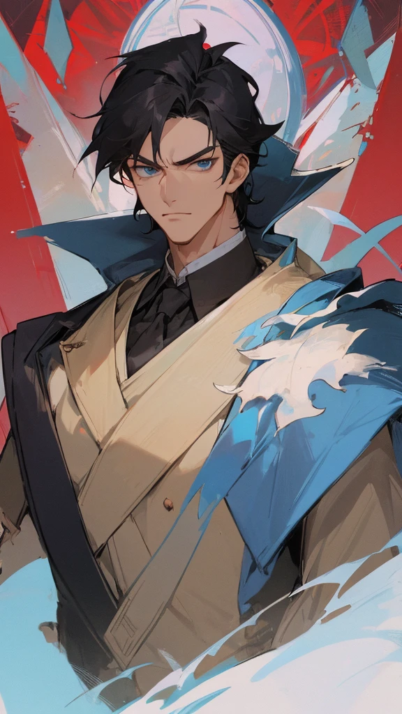 Man with loose and short black hair, blue eyes, sharp jaw, elegant in royal duke clothes. muscled body, 28 years old. handsome, serious