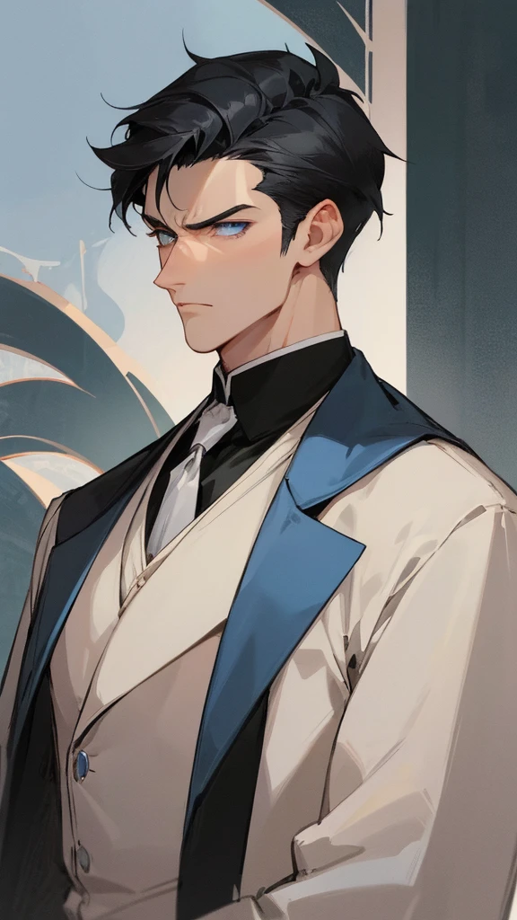 Man with loose and short black hair, blue eyes, sharp jaw, elegant in royal duke clothes. muscled body, 28 years old. handsome, serious