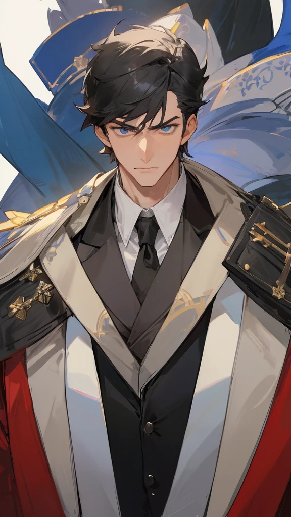 Man with loose and short black hair, blue eyes, sharp jaw, elegant in royal duke clothes. muscled body, 28 years old. handsome, serious