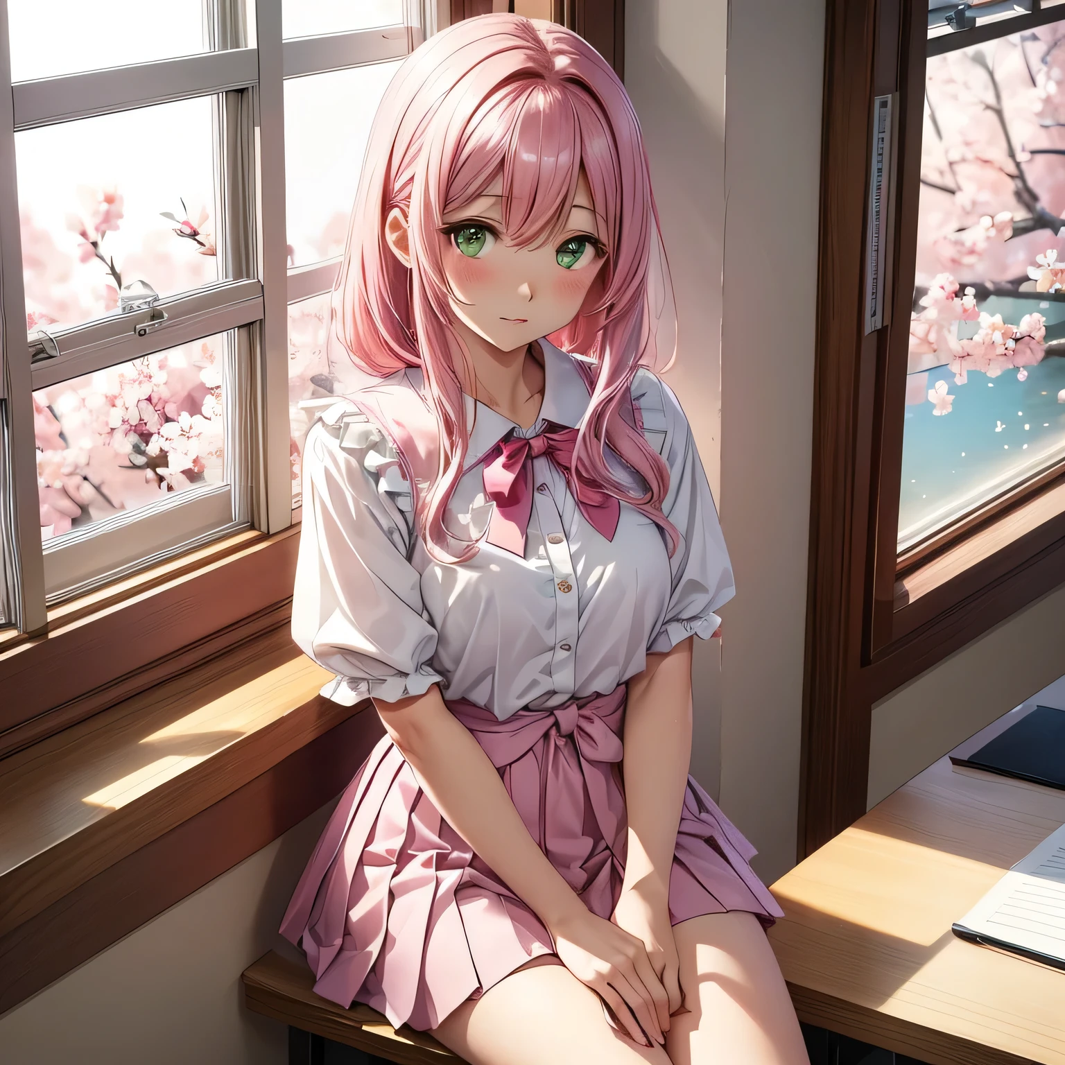 Sakura Mizuki, with waist-length pink hair, thin thighs, and green eyes, sits in a sunny classroom by the window. She’s wearing a white blouse with a cherry blossom-patterned ribbon and a navy pleated skirt. She’s taking notes with a calm, focused expression. A white cat with black spots sits on the windowsill next to her.
